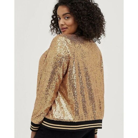 Torrid Allover Gold &โBlack Sequin Long Sleeve Bomber Jacket Pockets Lined SZ1X - Picture 2 of 16